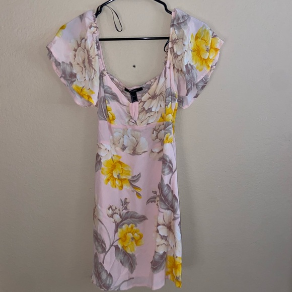 Cream Forever 21 floral skirt baby doll puffer sleeve mini dress short sleeve - Picture 2 of 12